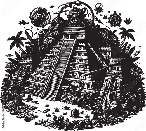 Intricate Black and White Illustration of a Mayan Pyramid with Futuristic and Technological Elements
