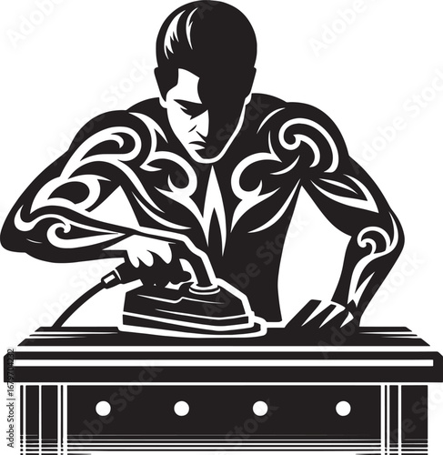 Illustration of a muscular man ironing a table, a concept of work and effort