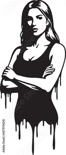 Monochrome portrait of a woman standing with crossed arms and me