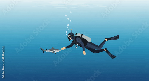 Diver Interacts Peacefully With A Shark In The Deep Ocean Waters Underwater