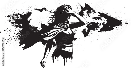 Vector illustration of a woman shielding herself from a dark smo