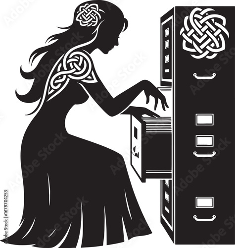 Silhouette of a woman with celtic knot tattoos searching a file cabinet, elegant design