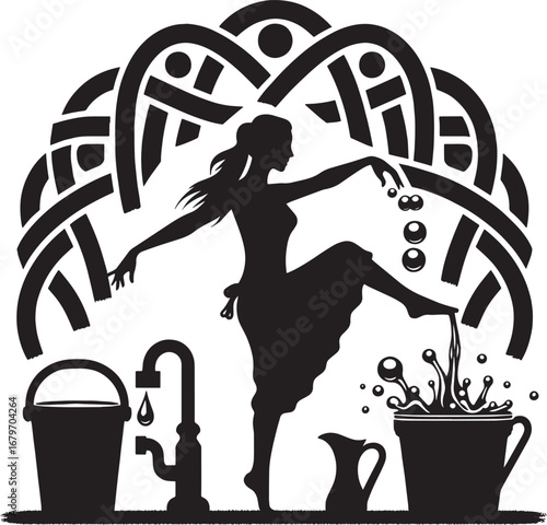 Silhouette of a Woman Washing Her Foot in a Decorative Design with Bubbles and Water Splash