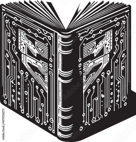 A digital knowledge book illustration representing technology, science, and learning concepts