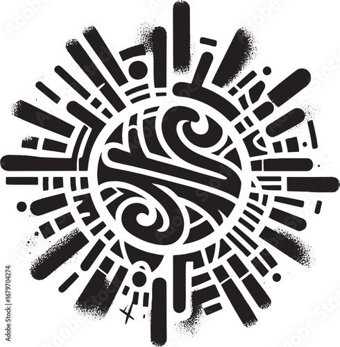 Abstract black and white artwork featuring a stylized circular design with intricate details and