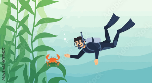 Diver Interacts With A Crab In An Underwater Scene Exploring Marine Life