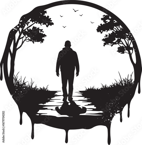 Solitude and reflection: A man walking into the horizon in monoc