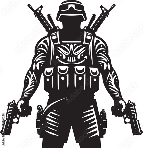 Silhouette of a heavily armed soldier with guns and rifles, ready for battle or military service