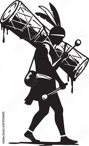 Monochrome illustration showcasing a man carrying drums in a sty