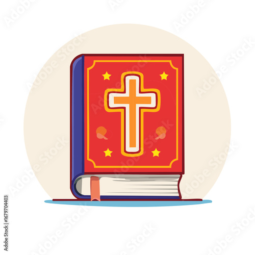 Red Religious Book with Gold Cross on Cover, Bible Illustration, Christian Symbol, Holy Text, Book with Stars Decoration