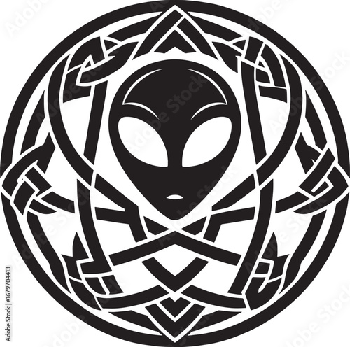 Intricate Alien Face Design in a Celtic Knot Circle Graphic Symbolism and Mystery