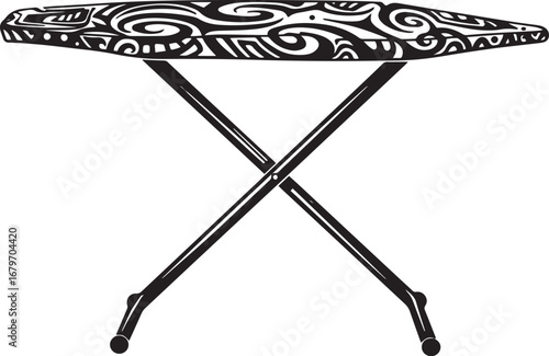 Stylized ironing board illustration featuring swirling patterns