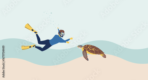 Diver Meets Sea Turtle: An Aquatic Exploration in a Flat Design Illustration