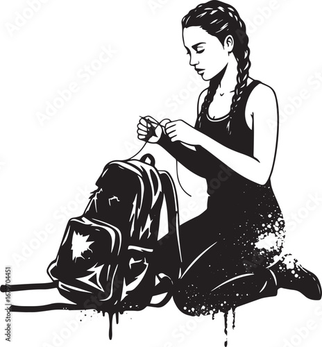 Focused woman mending clothes with backpack in monochrome illust