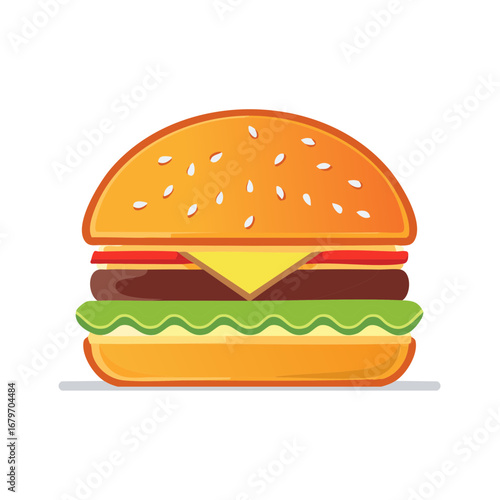 Colorful Delicious Burger with Cheese and Lettuce Vector Illustration