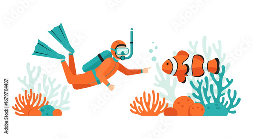 Diver Observing A Clownfish In The Underwater World Surrounded By Coral And Sea Life