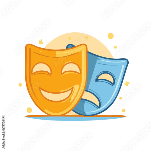 Happy and sad theatrical masks representing comedy and tragedy dramatic arts symbol