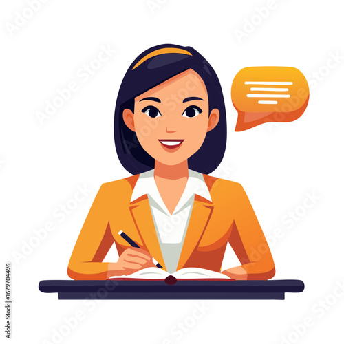 Smiling professional woman taking notes in a notebook with a speech bubble