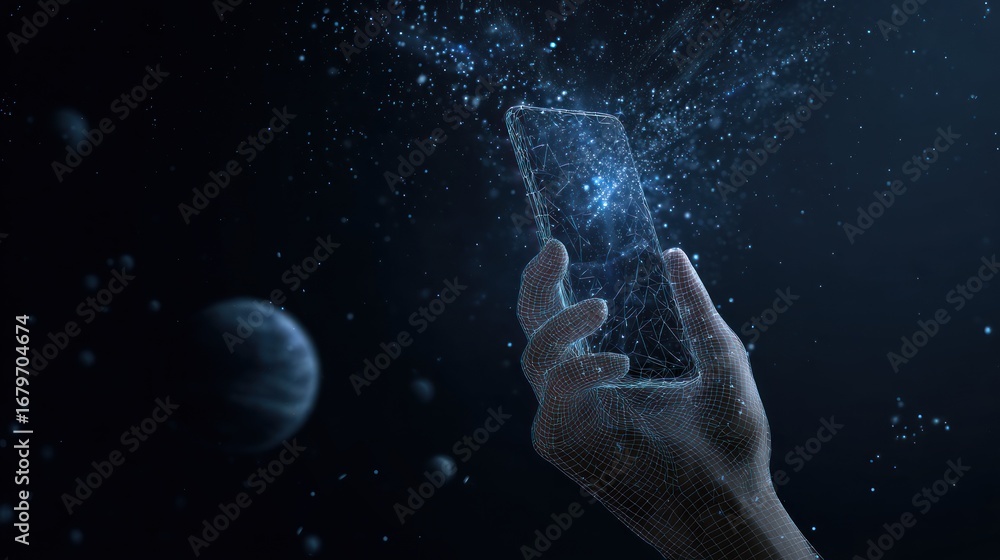 Fototapeta premium Hand holding a digital phone in space
