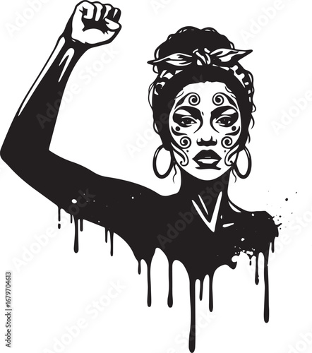 Empowered woman silhouette with traditional facial markings and
