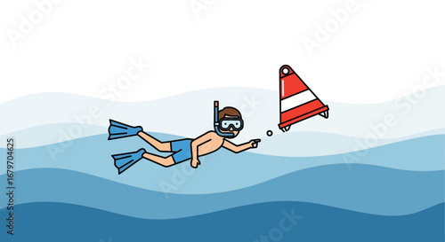 Diver Pointing Toward Floating Cone, Underwater Exploration and Nautical Adventure Scene.