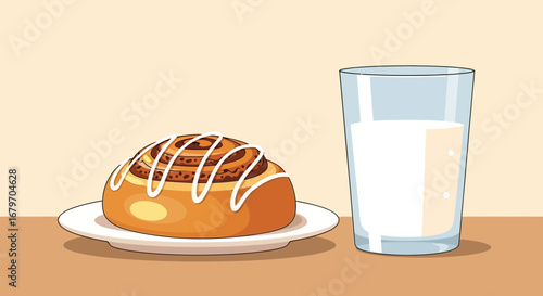 Delicious breakfast illustration: A cinnamon roll with a glass of milk ready to enjoy