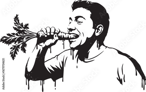 Monochrome illustration of a person enjoying fresh crunchy raw c