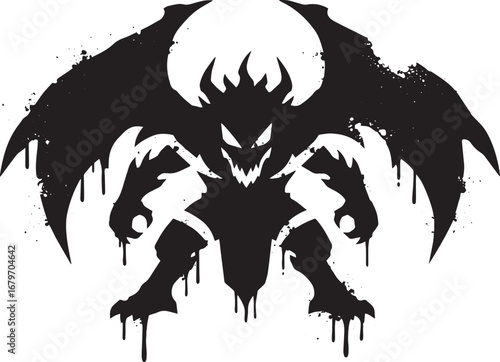 Abstract silhouette of a horned winged demon with dripping paint
