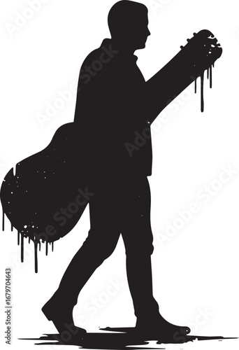 Silhouette of musician carrying a guitar, abstract artistic drip