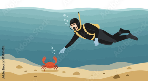 Diver Points At Marine Creature Underwater With Oceanic Sandy Surface