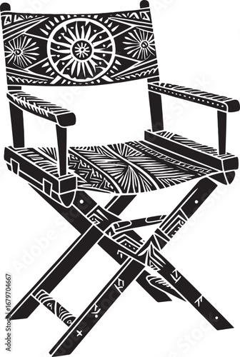 Detailed Black and White Illustration of a Decorative Wooden Director's Chair, Artistic Design