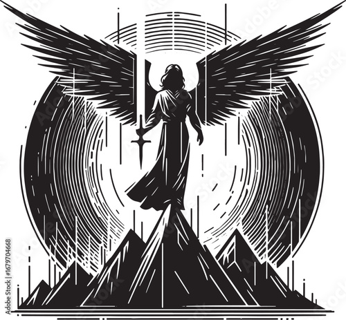 Black and White Angel Silhouette with Sword Standing atop Mountain in Engraved Style