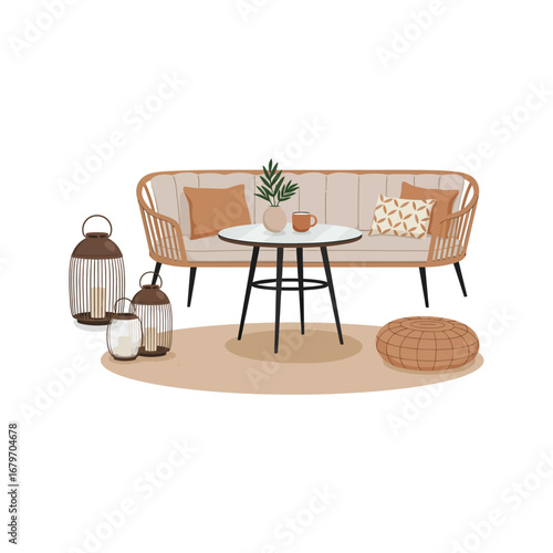 Dining room interior with stylish wooden chairs and a table by a window, bathed in natural light