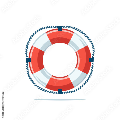 Isolated nautical themed life preserver with a rope border in white and red color stripes illustration