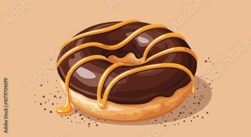 Delicious Cartoon Donut with Chocolate Glaze and Caramel Drizzle Isolated on Background