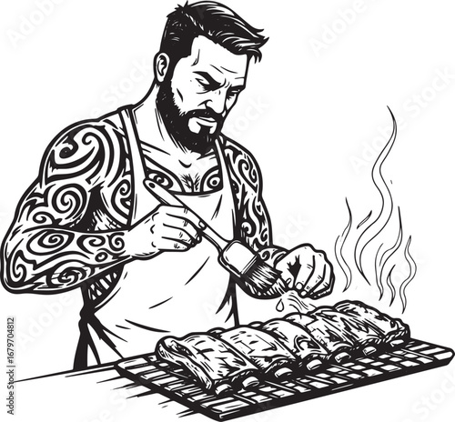 Illustrative art of a man basting ribs on a grill with smoke ris