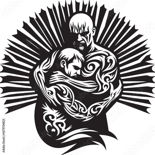 Illustration of Two Men in an Embrace with Tribal Tattoos and a Decorative Background