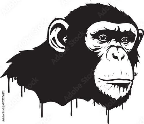 Monochromatic graphic artwork portraying a chimpanzee face with