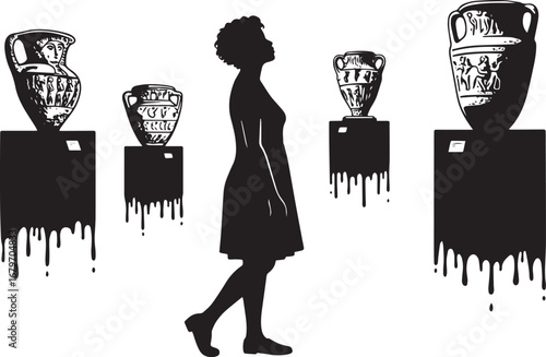 Silhouette of a woman viewing ancient artifacts in a monochrome