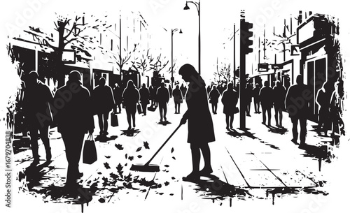 Monochrome silhouette of a woman sweeping leaves on a bustling c