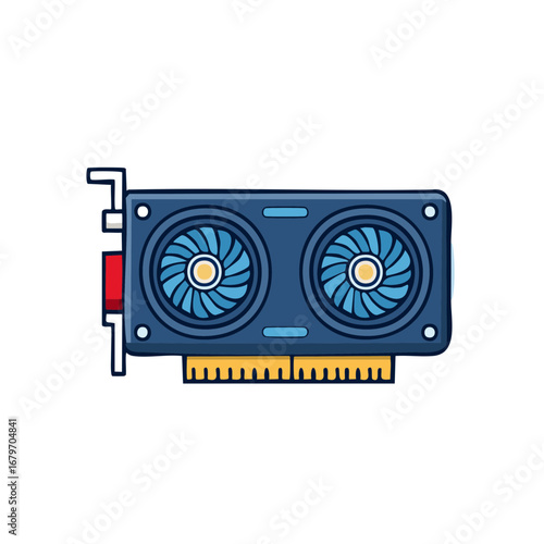 Stylized vector illustration of a modern computer graphics card with dual cooling fans