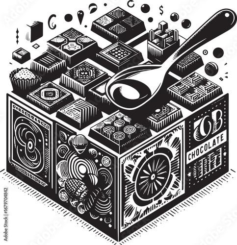 Creative Illustration Depicting Various Chocolate Treats, Spoon, and Cubical Design, Black and White