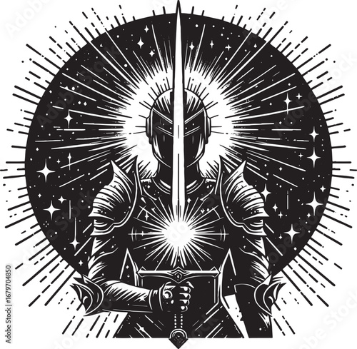 Intense Black and White Illustration of a Knight with a Sword and Radiant Background