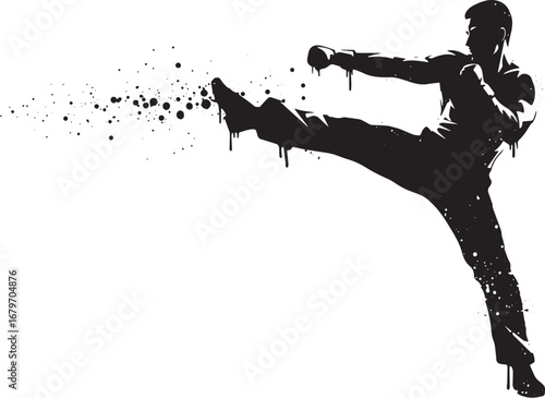 Dynamic silhouette artwork of a martial artist executing a power