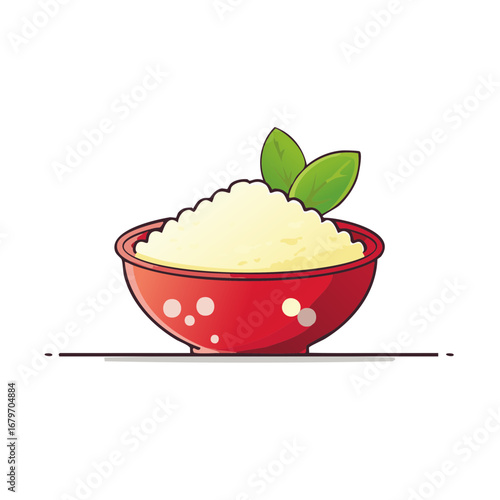 Whimsical Cartoon Bowl of Creamy Food Topped with Green Leaves for Graphic Design Projects or Recipe Illustrations