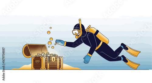 Diver Uncovering Golden Treasure Chest Underwater, Symbolizing Wealth And Discovery