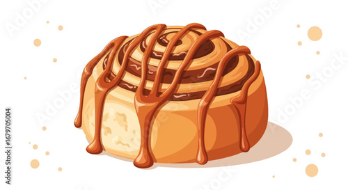 Delicious Cinnamon Roll Decorated With Sweet Caramel Sauce On White Background