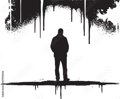 Silhouette of a lone figure amidst abstract ink splatters and dr
