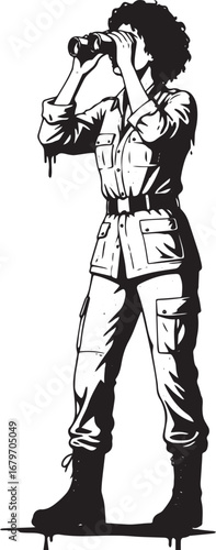 Monochrome Illustration of a woman exploring with binoculars on