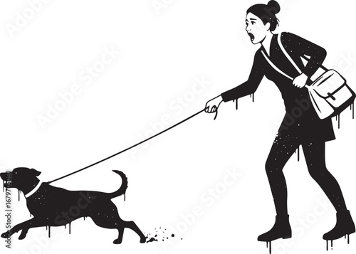 Woman recoiling in surprise as her dog excitedly pulls on its le